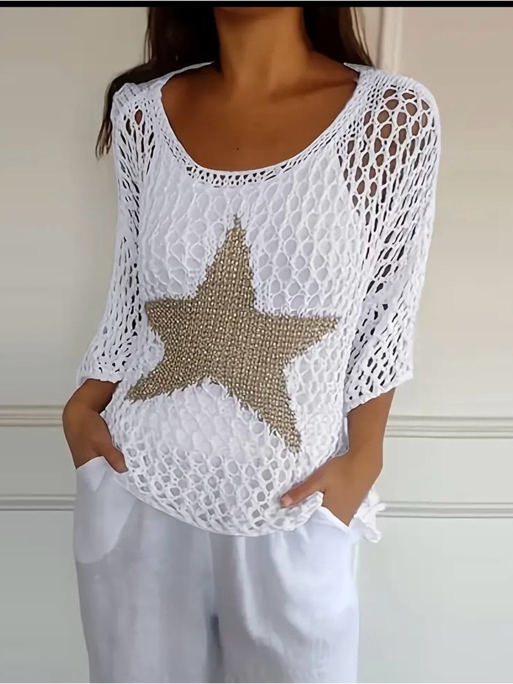 White Open-Knit Star Pullover Sweater